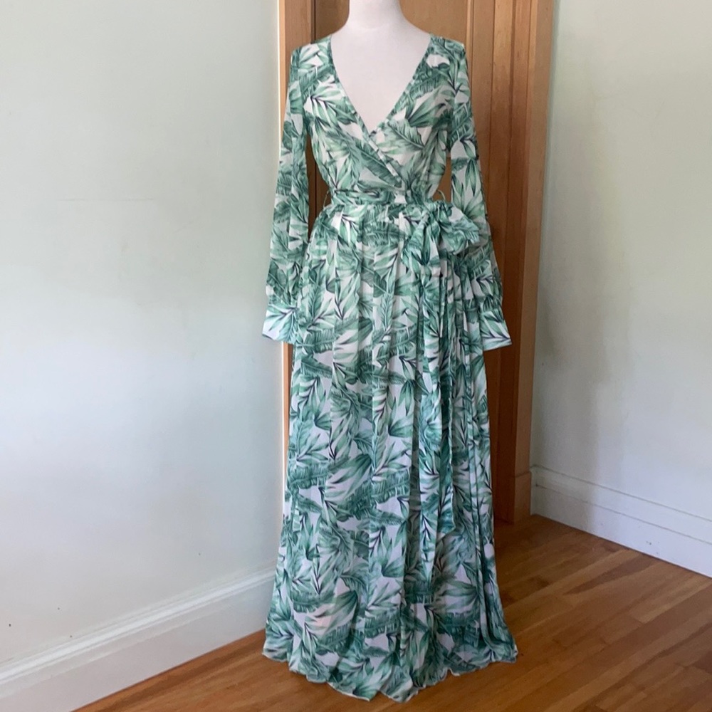 Petal Roz Green Tropical Print Chiffon Maxi Dress, Size S
